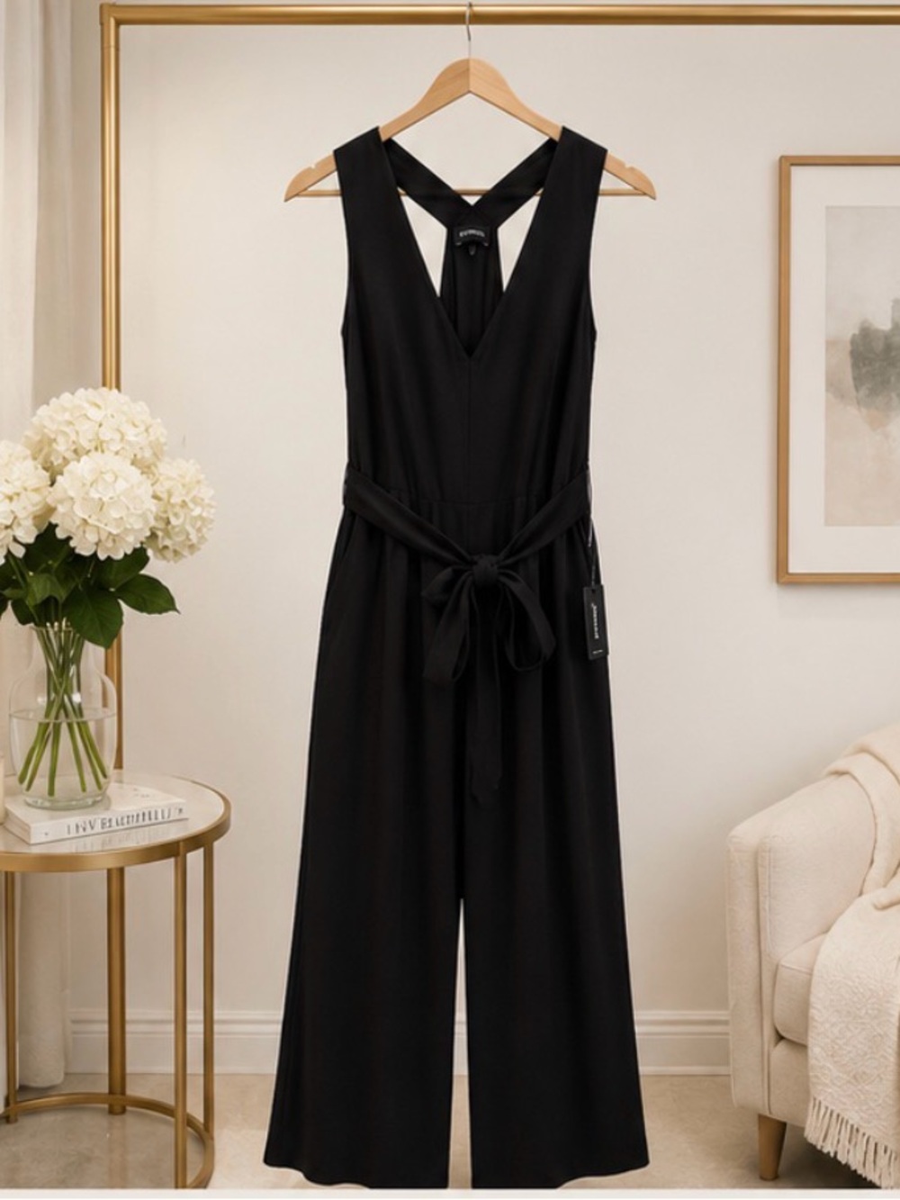 Express Black Sleeveless V-Neck Wide-Leg Jumpsuit with Tie Waist - Picture 1 of 5